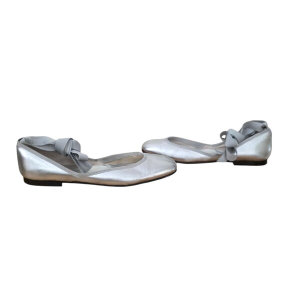 Hollywould Shoes - Hollywould Silver Leather Ballet Flats Anklewrap Ribbon 36 6